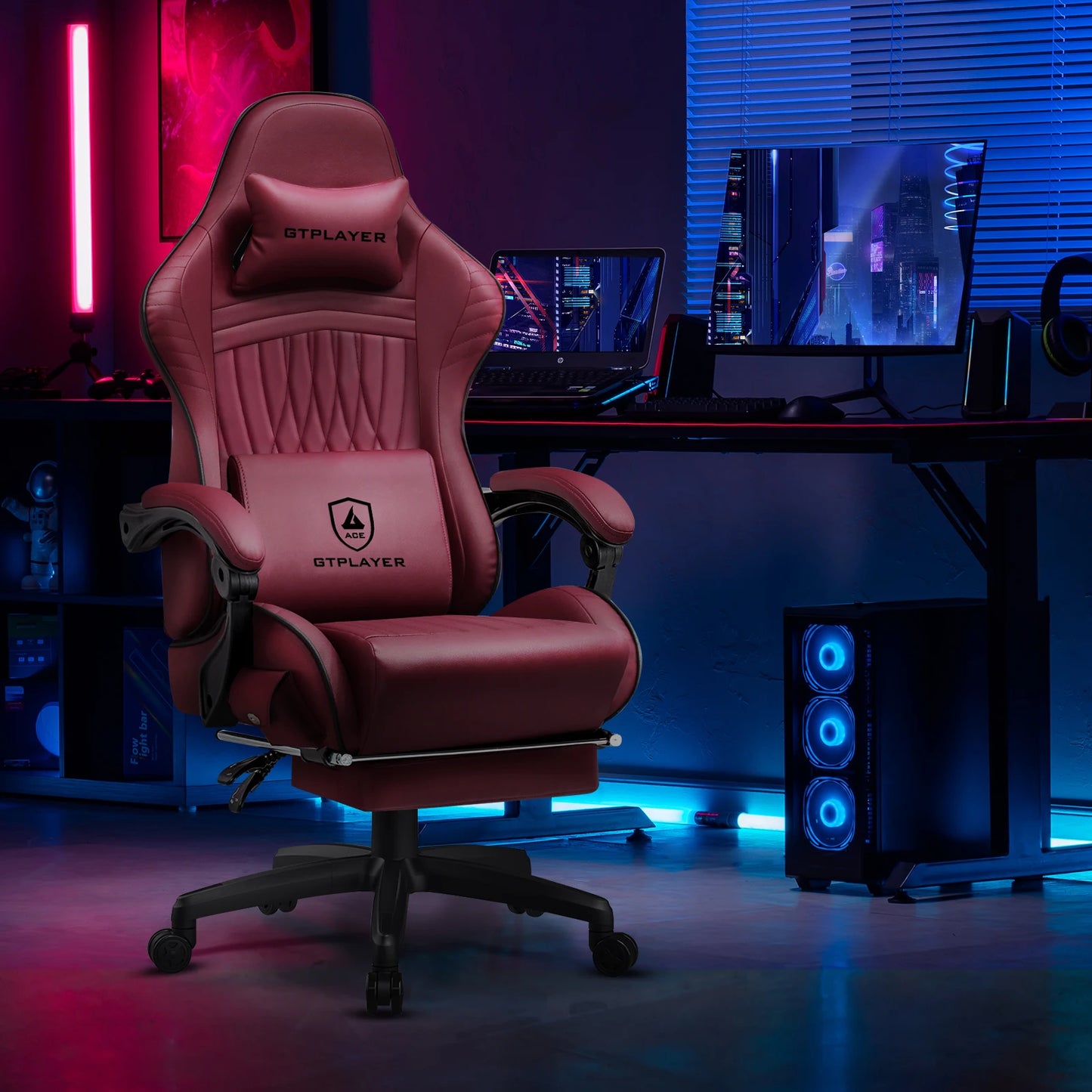 GTPLAYER Gaming Chair Faux Leather Swivel With Built In Speakers Footrest