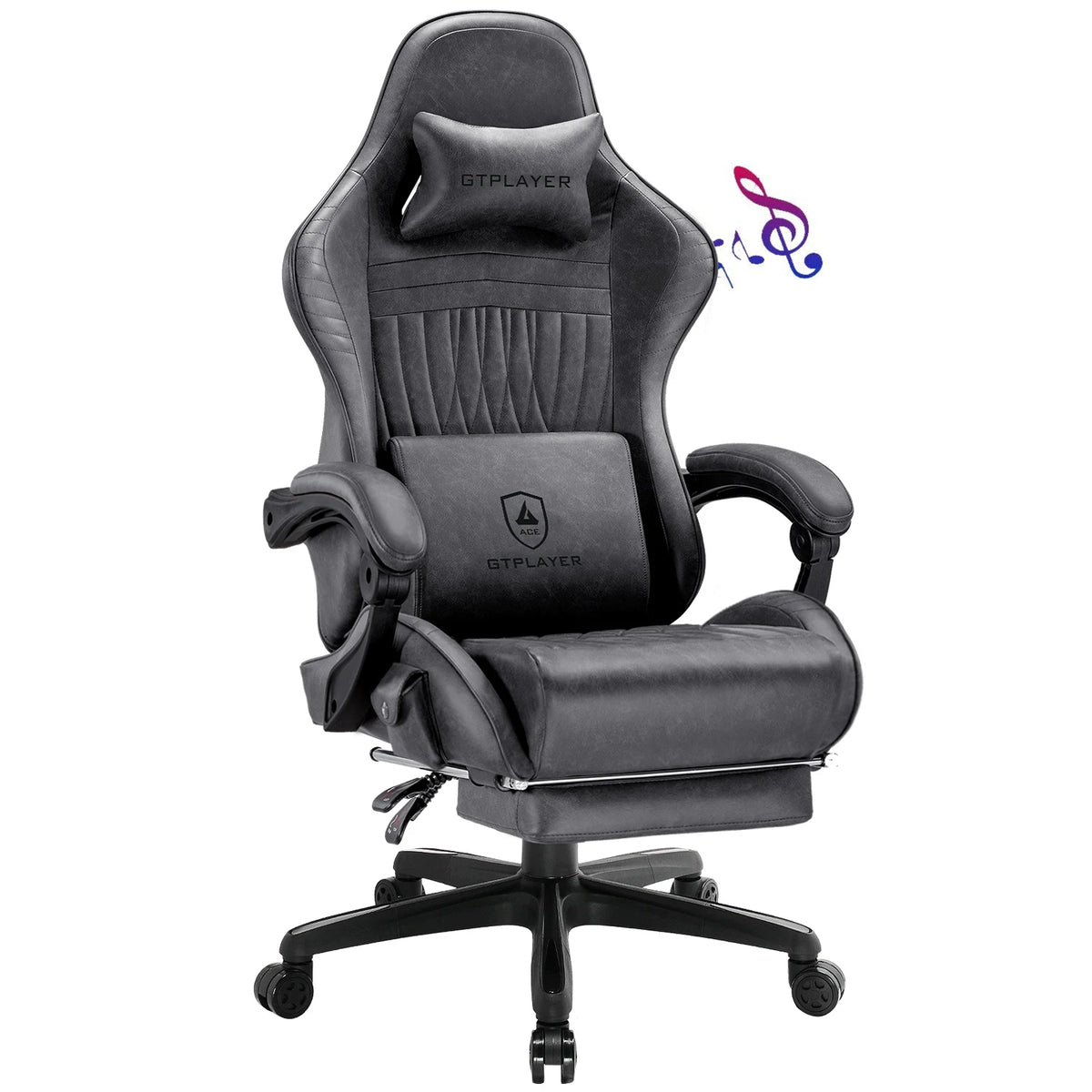 GTPLAYER Gaming Chair Faux Leather Swivel With Built In Speakers Footrest