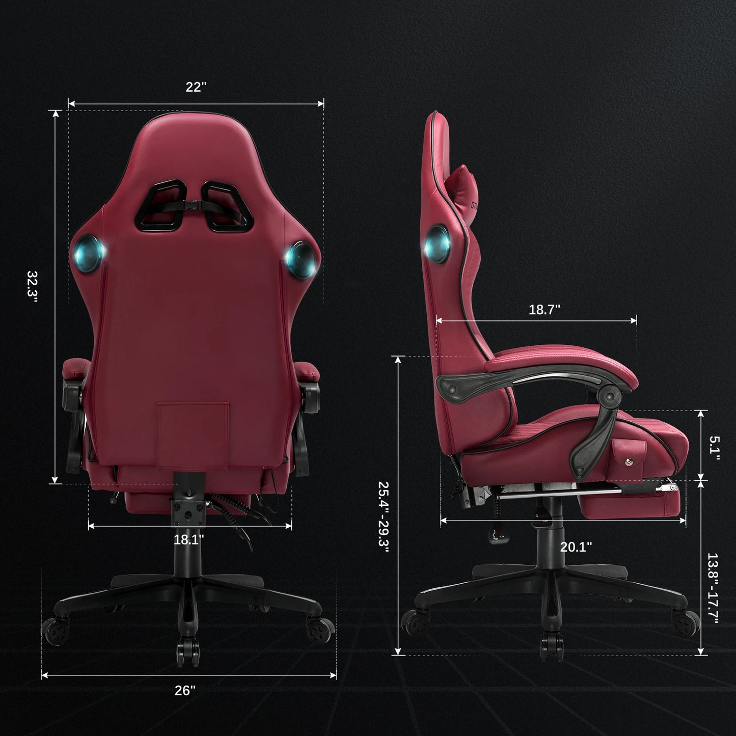 GTPLAYER Gaming Chair Faux Leather Swivel With Built In Speakers Footrest