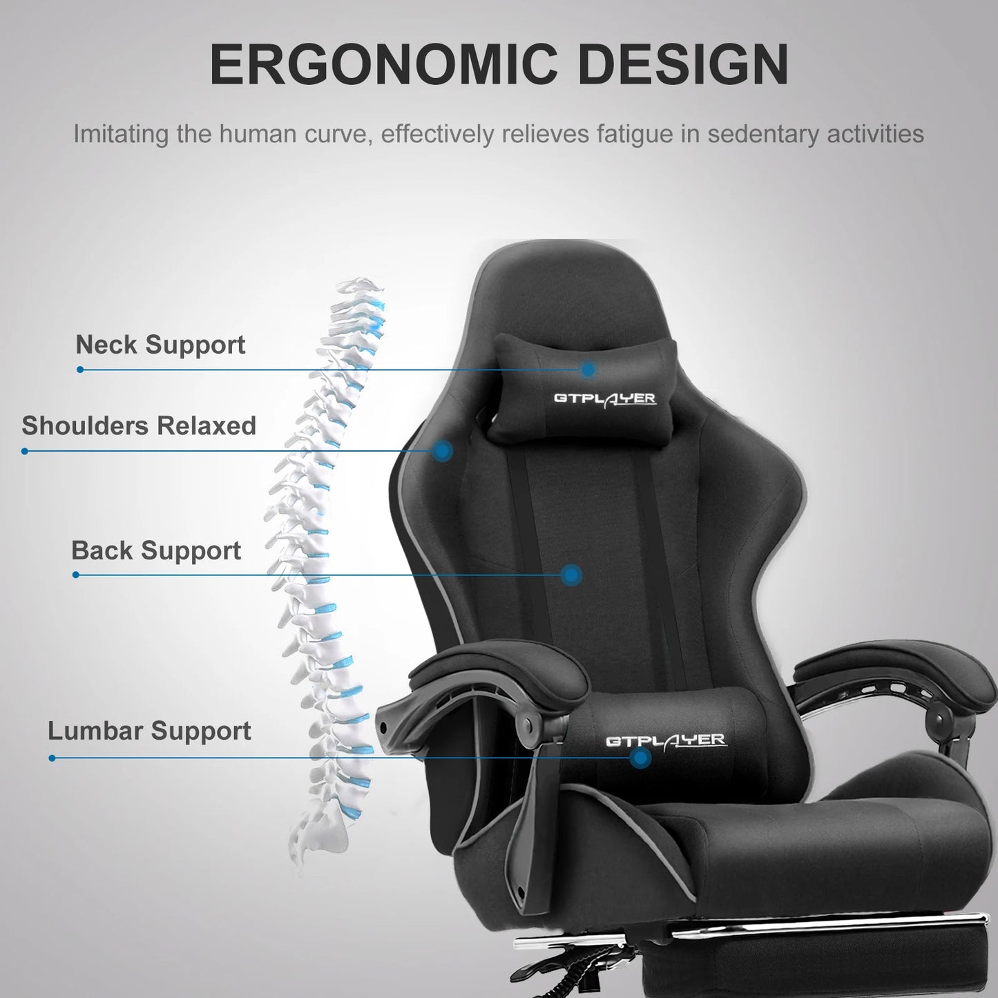 GTPLAYER Gaming Chair With Footrest, Lumbar Support, Headrest