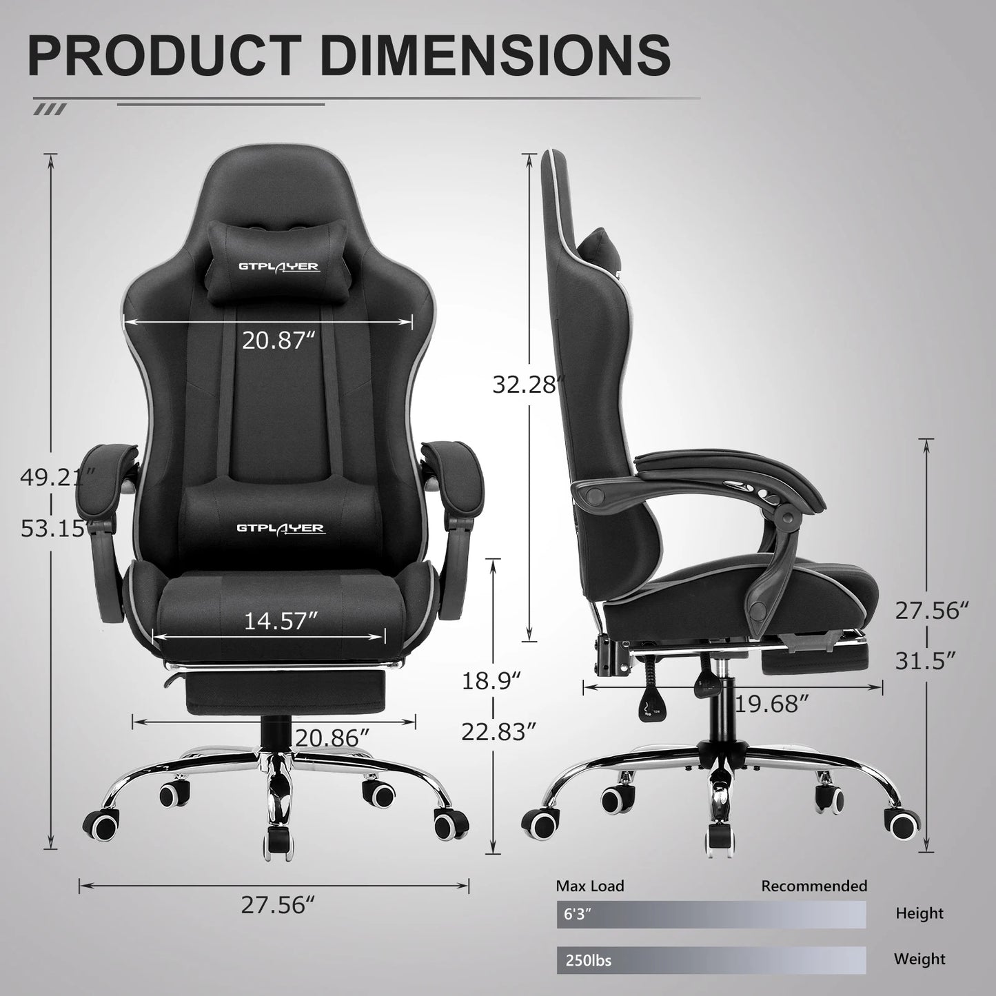 GTPLAYER Gaming Chair With Footrest, Lumbar Support, Headrest