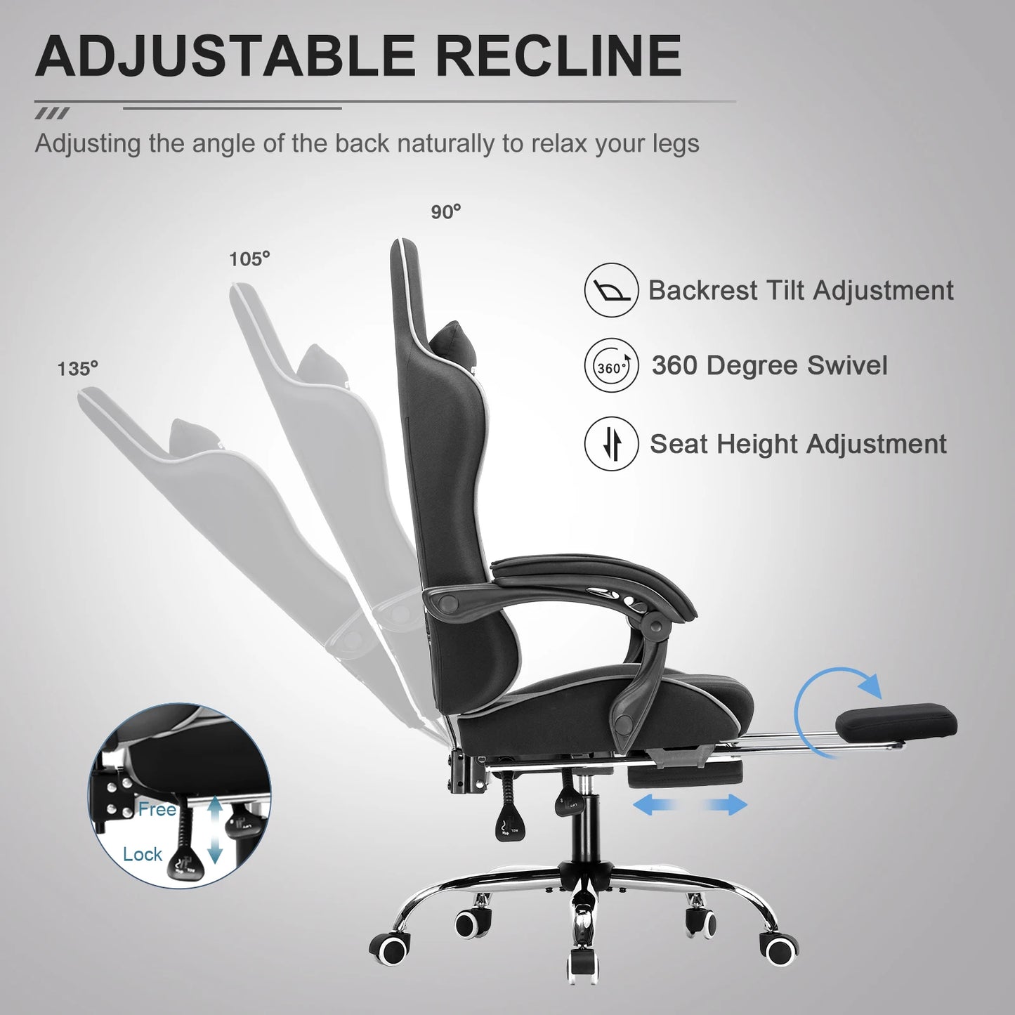 GTPLAYER Gaming Chair With Footrest, Lumbar Support, Headrest