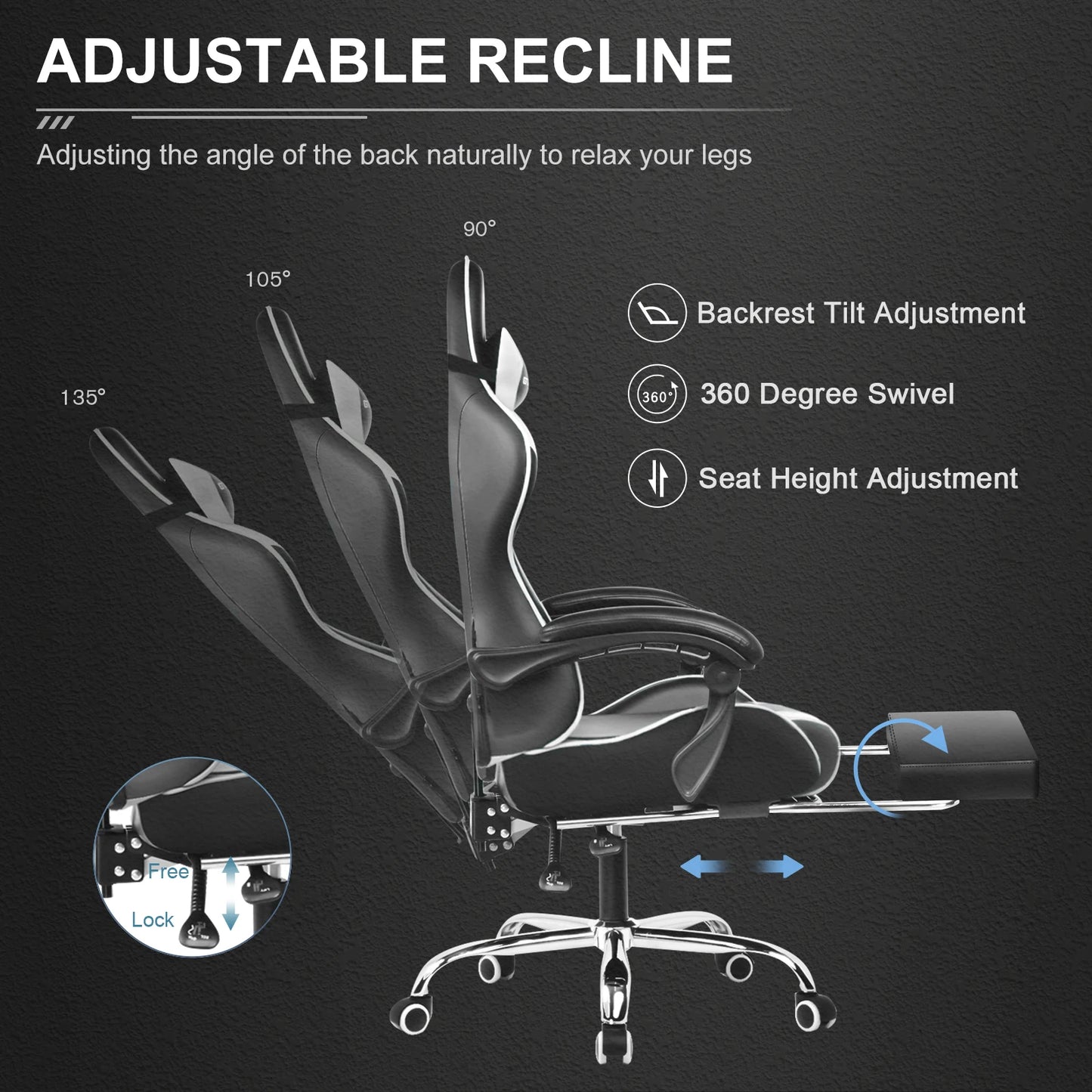 GTPLAYER Gaming Chair With Footrest, Swivel Seat, Headrest, Lumbar Support