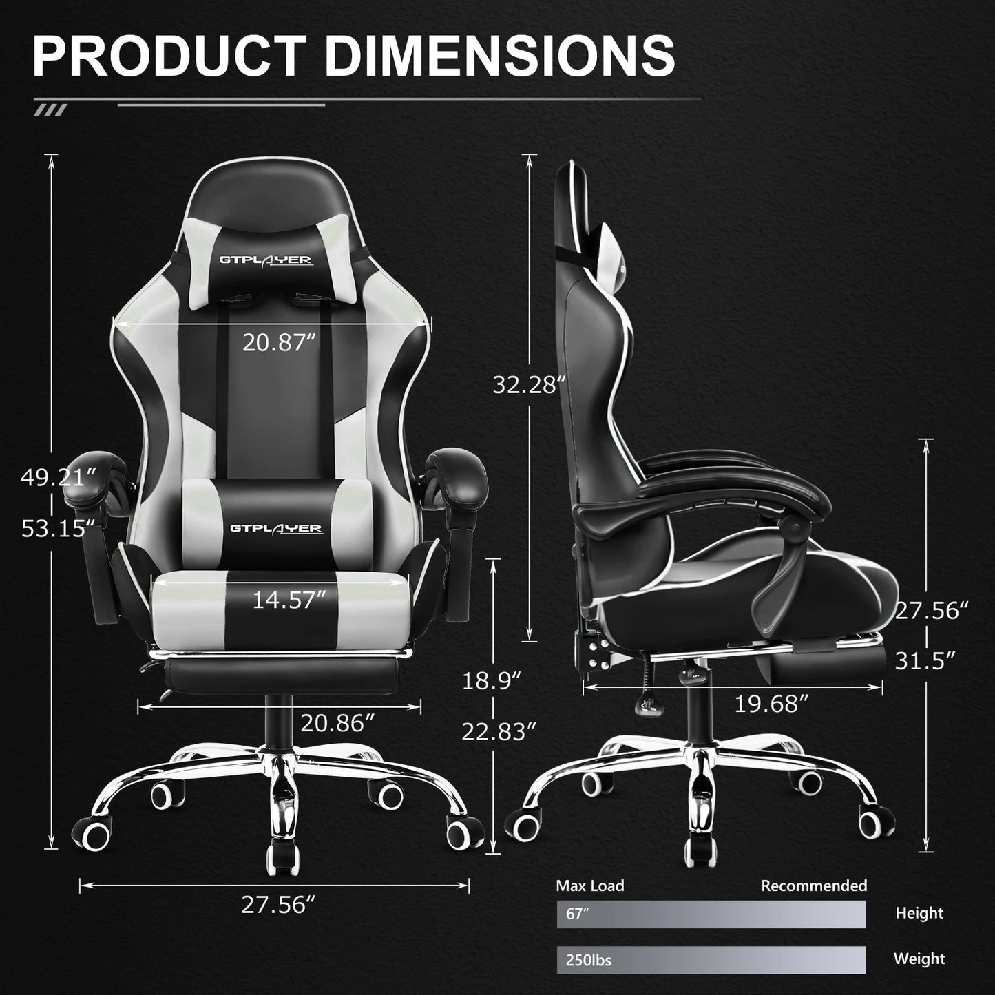 GTPLAYER Gaming Chair With Footrest, Swivel Seat, Headrest, Lumbar Support