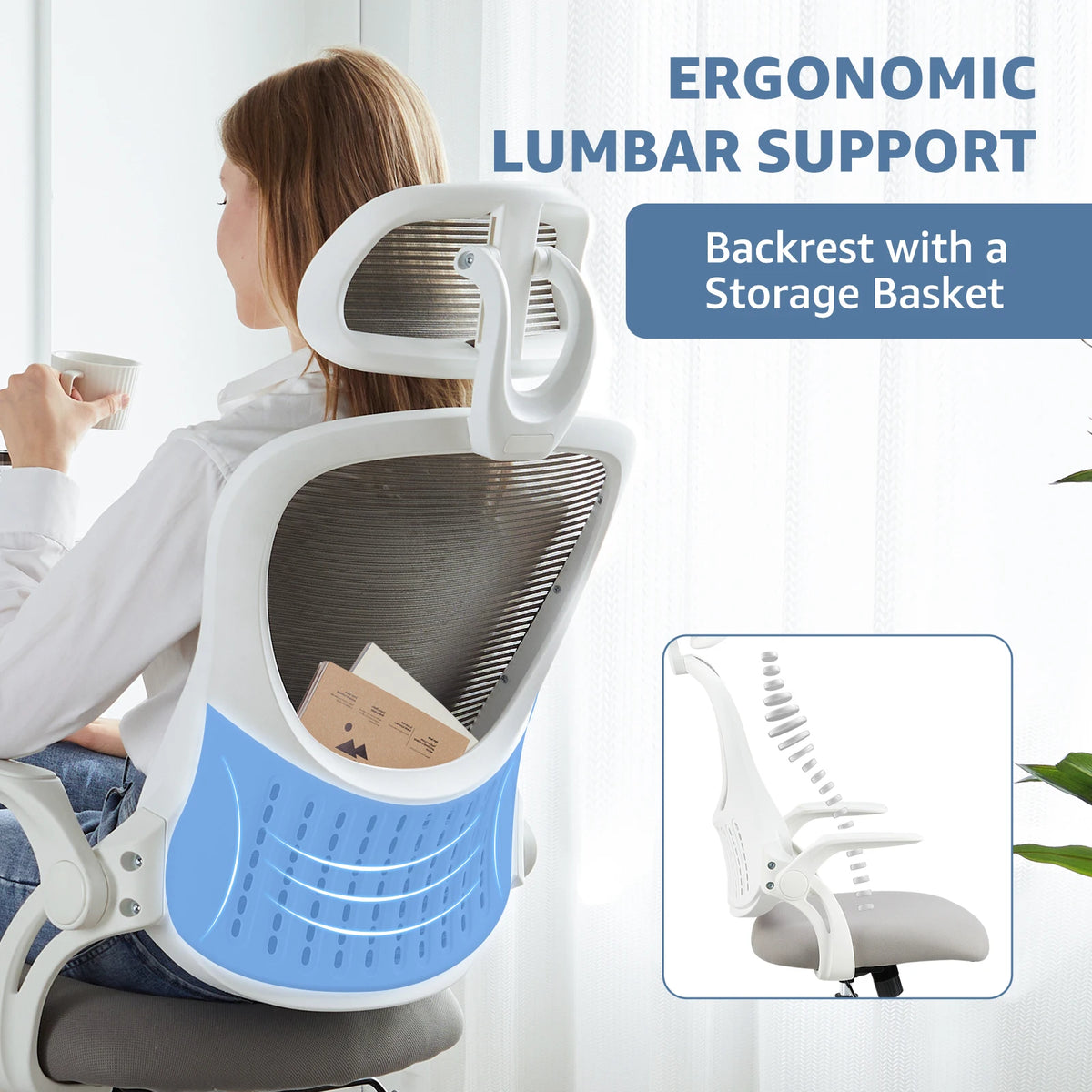 JHK Mesh Ergonomic Office Chair With Flip Up Arms And Lumbar Support