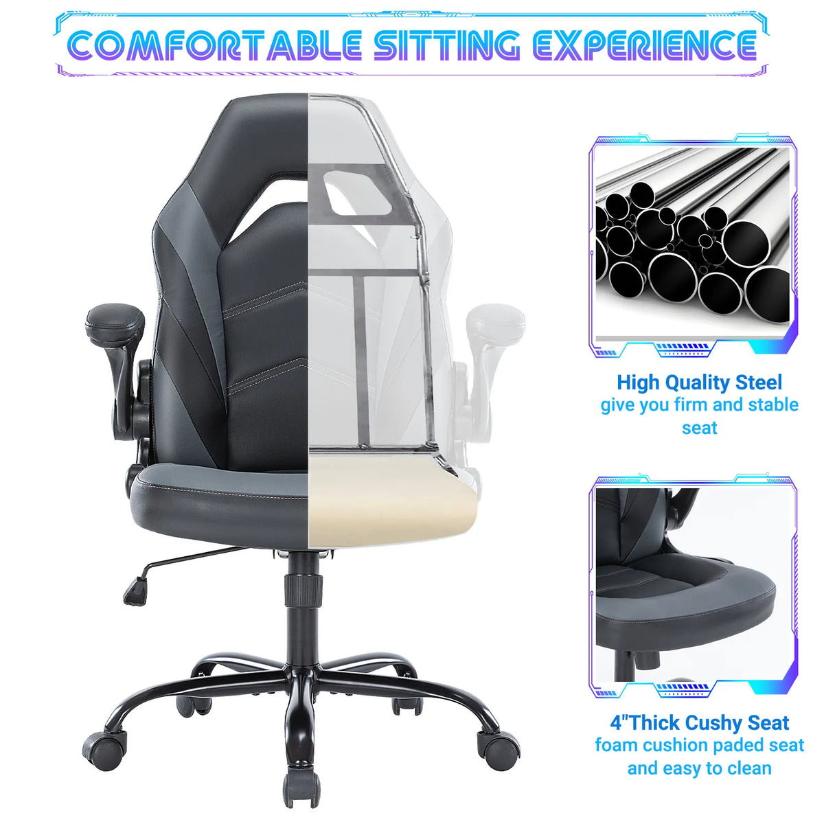JHK Ergonomic PU Leather Office And Gaming Desk Chair With Flip Up Armrests