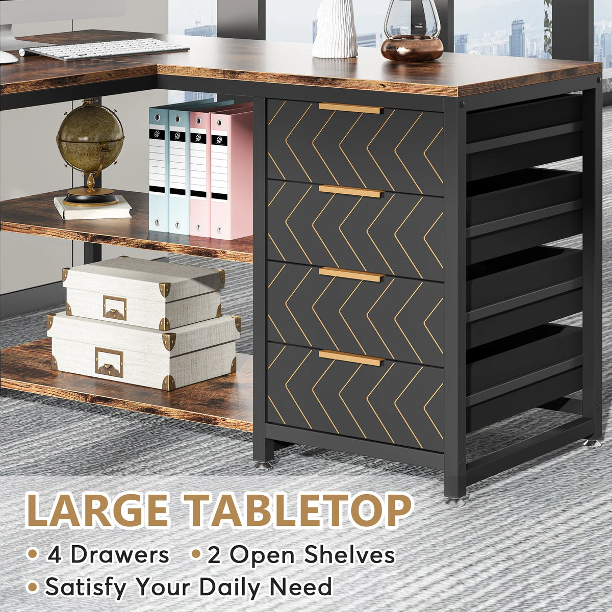 Tribesigns L Shaped Corner Desk With Storage Drawers And Shelves