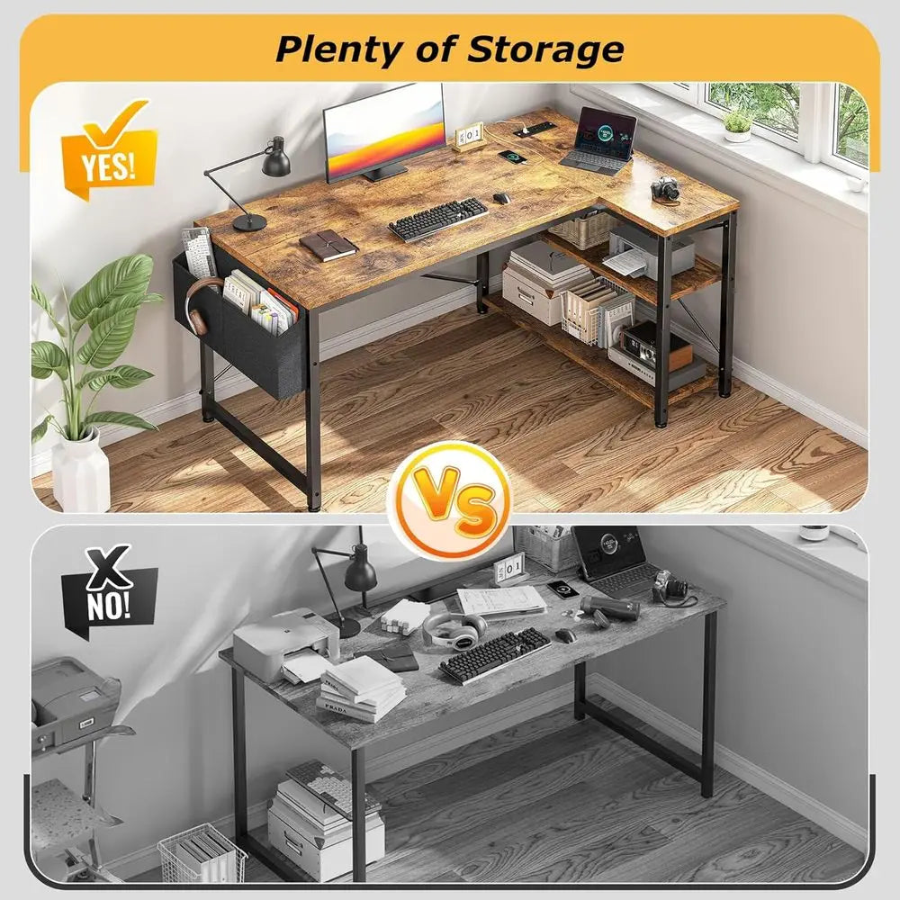 Corner L Shaped Desk With Power Outlets And Reversible Storage