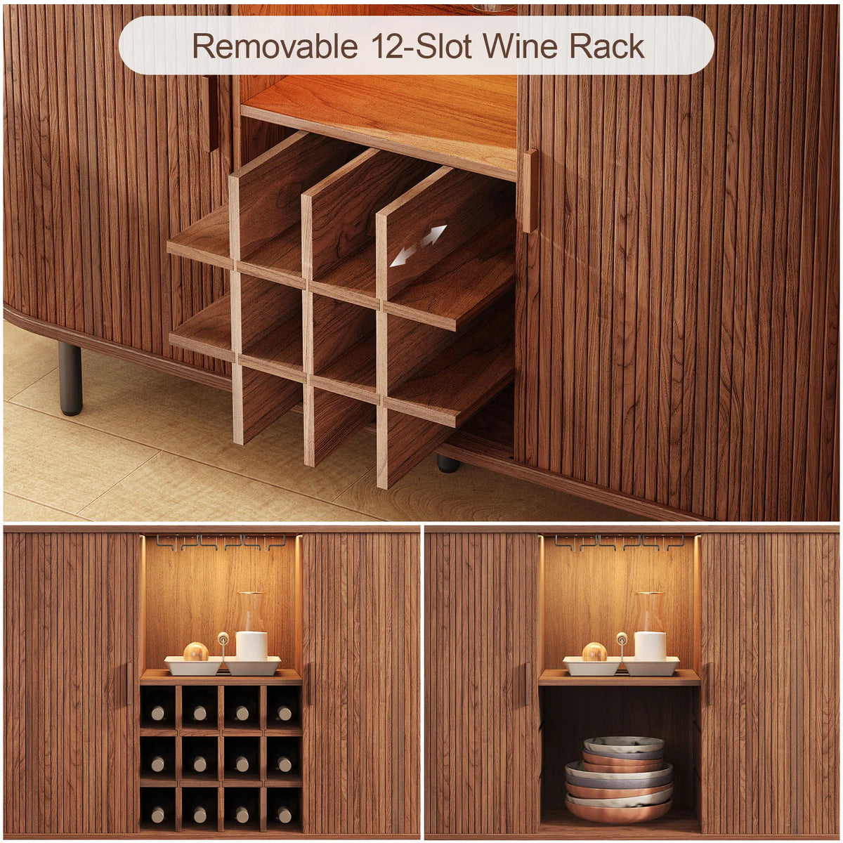 Walnut Wine Bar Cabinet With LED Light And Glass Holder