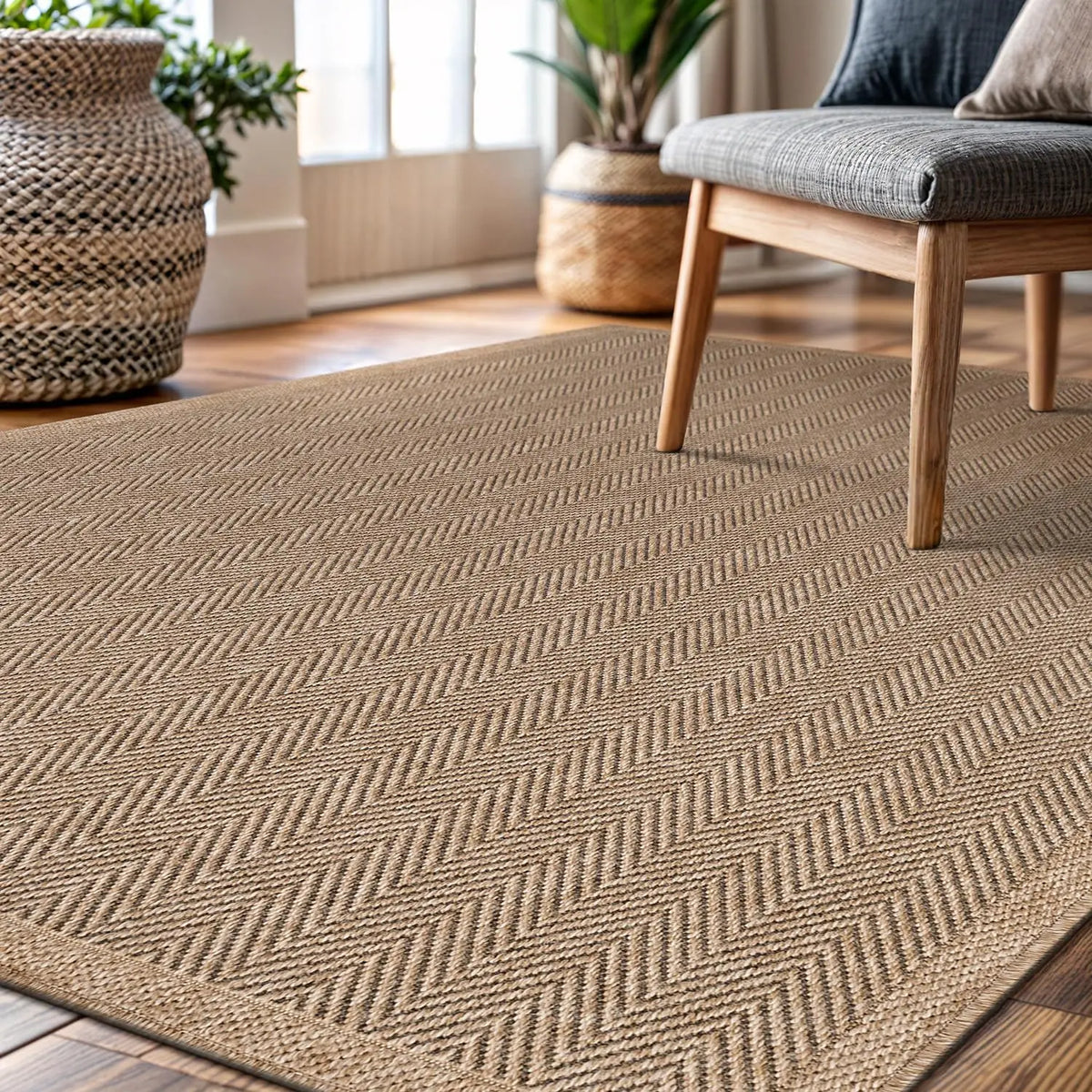Easy Jute Rug Indoor Outdoor Natural Fiber Herringbone Washable Carpet