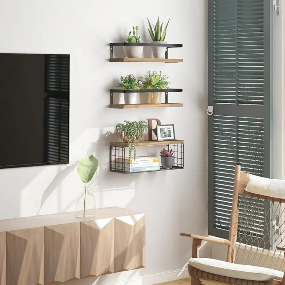 Wall Mounted 4-Tier Floating Shelves Over Toilet With Wire Basket