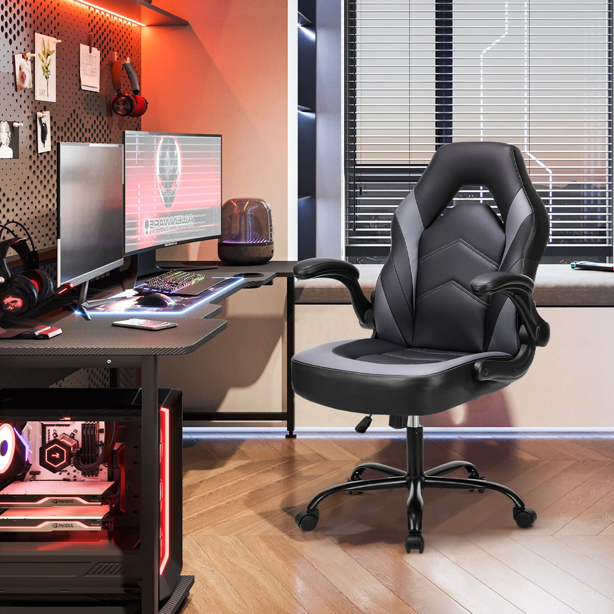 JHK Ergonomic PU Leather Office And Gaming Desk Chair With Flip Up Armrests