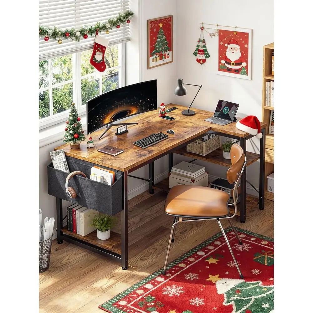 Corner L Shaped Desk With Power Outlets And Reversible Storage