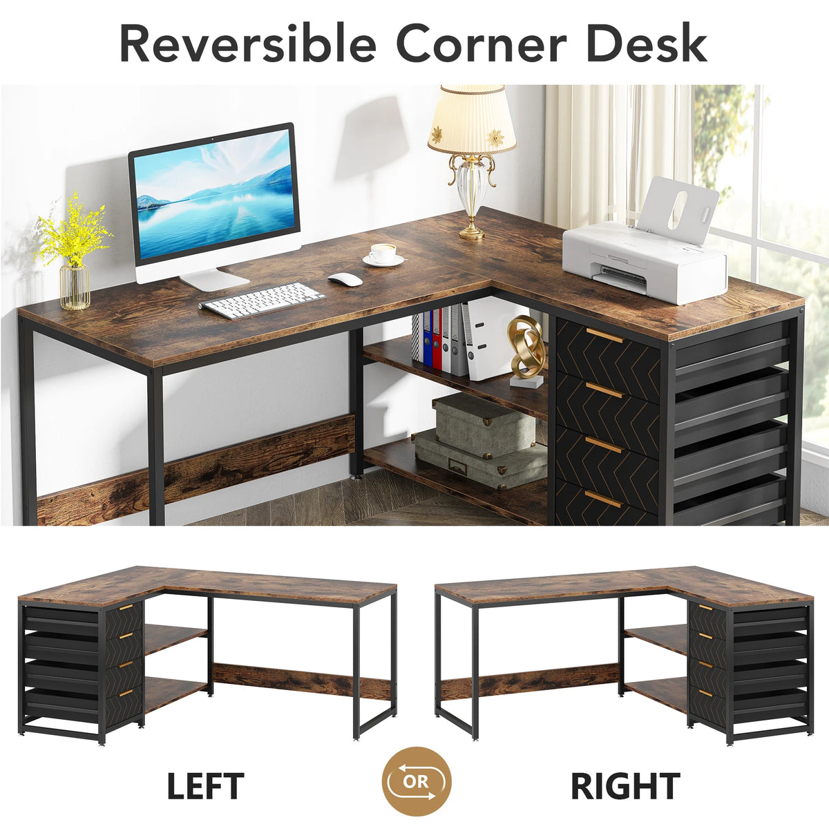 Tribesigns L Shaped Corner Desk With Storage Drawers And Shelves