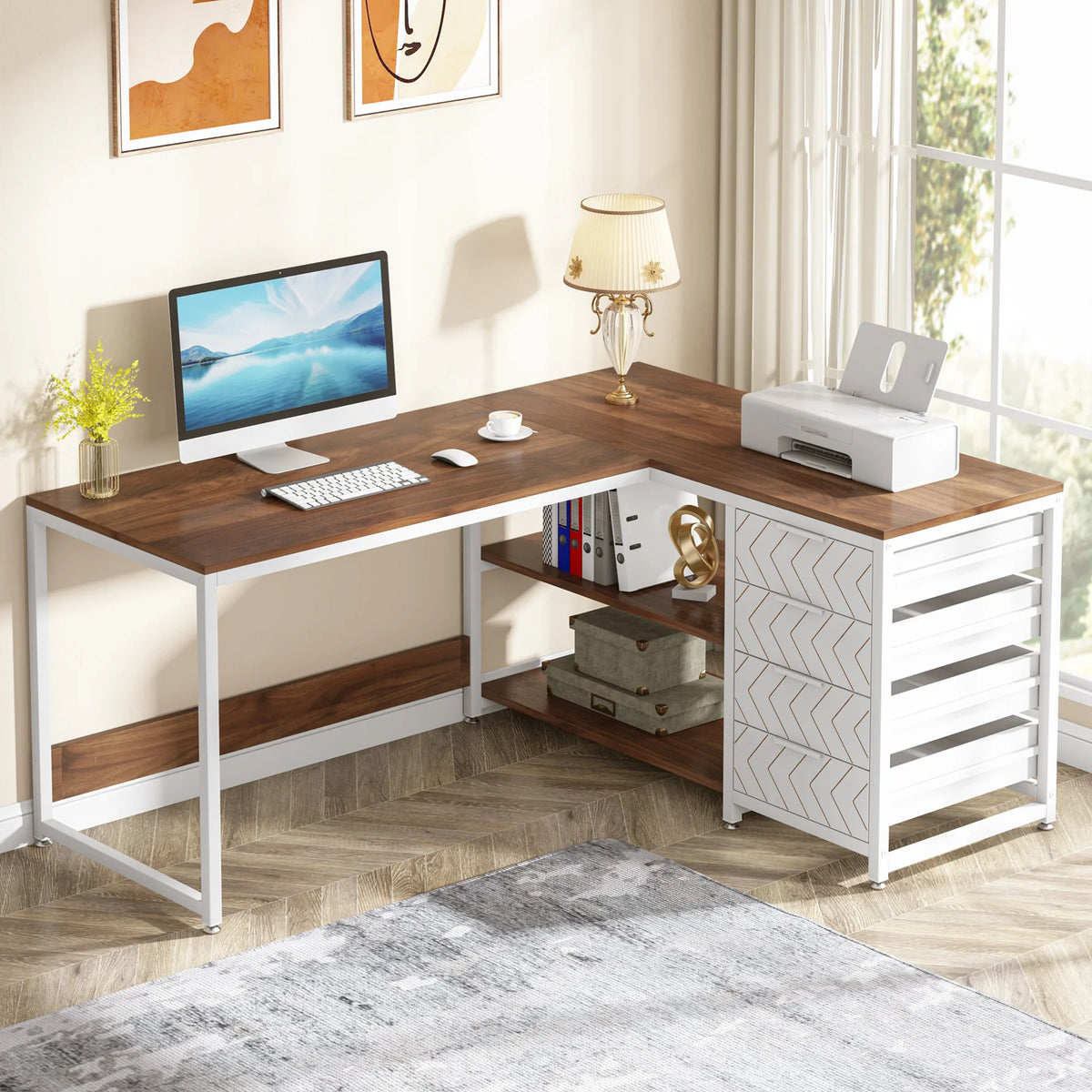 Tribesigns L Shaped Corner Desk With Storage Drawers And Shelves