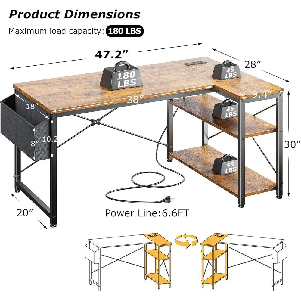 Corner L Shaped Desk With Power Outlets And Reversible Storage