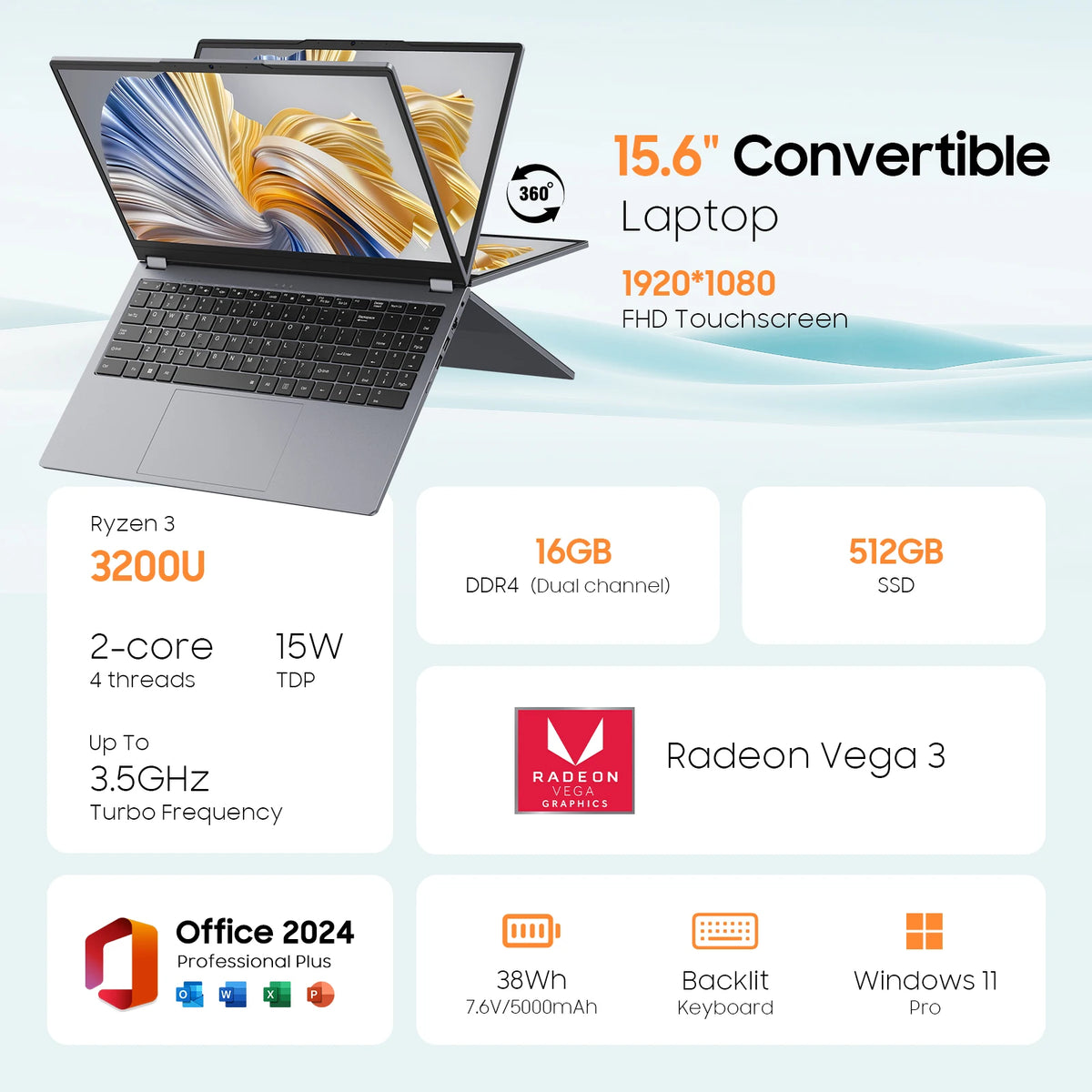 Z ZENAERO 2-In-1 Laptop Ryzen 3 3200U, 16GB RAM, 512GB SSD, Backlit Keyboard