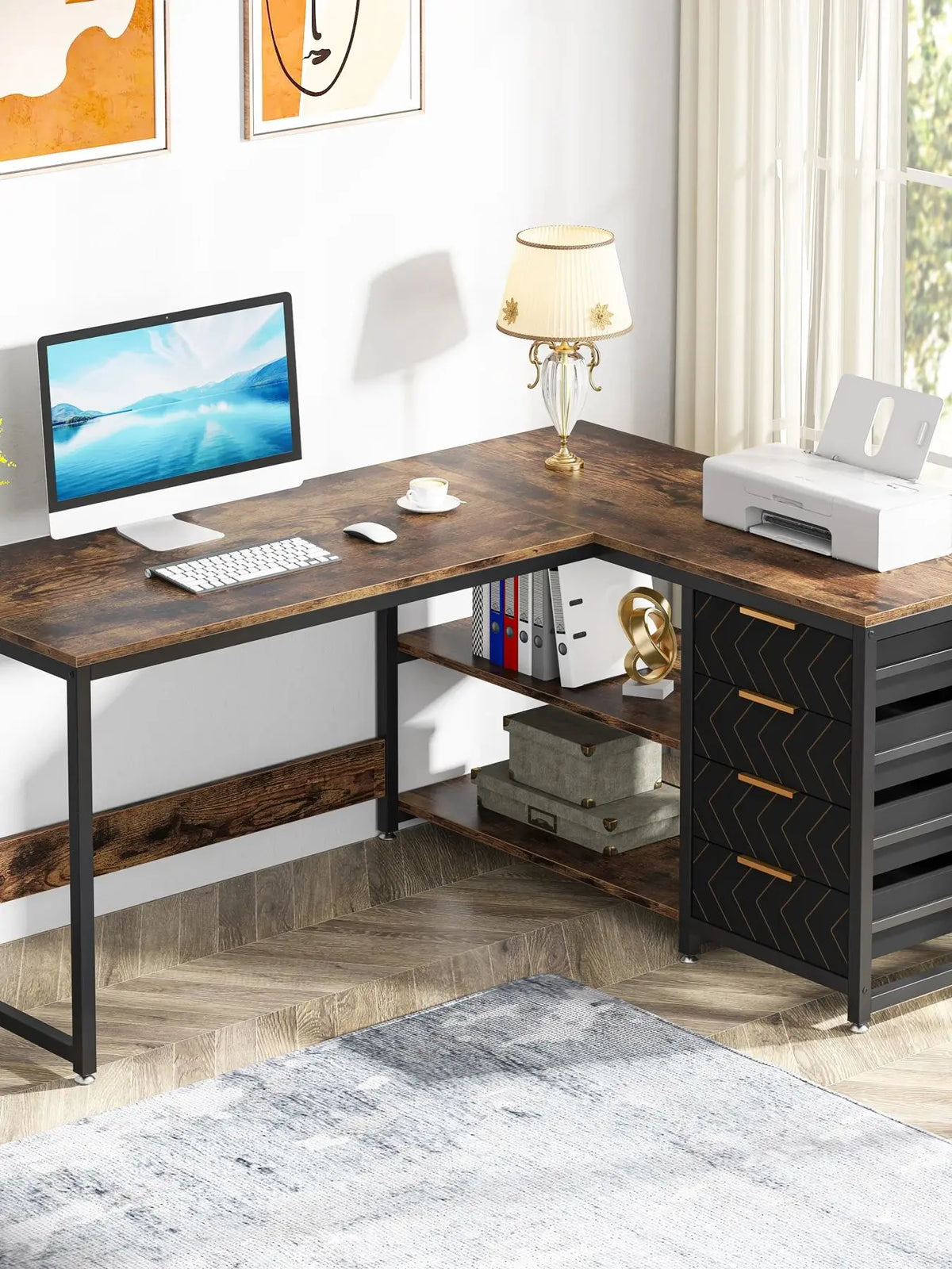 Tribesigns L Shaped Corner Desk With Storage Drawers And Shelves