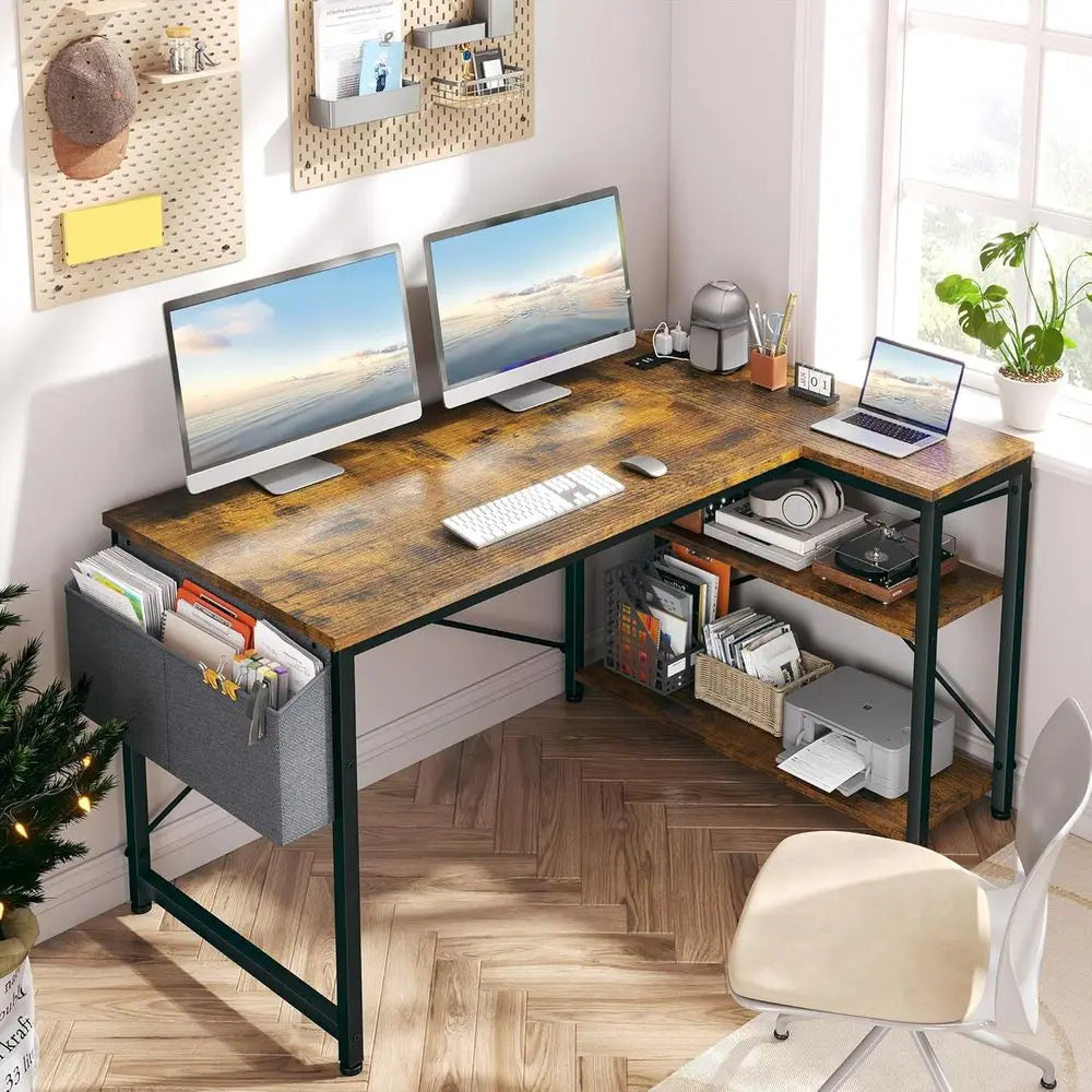 Corner L Shaped Desk With Power Outlets And Reversible Storage