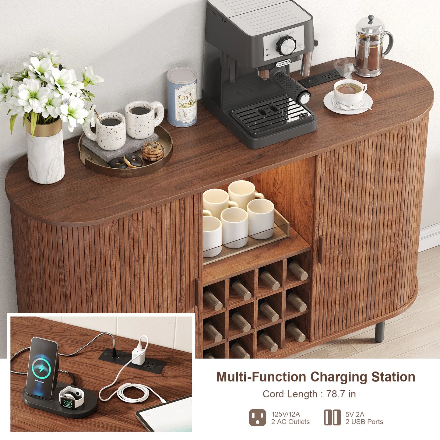 Walnut Wine Bar Cabinet With LED Light And Glass Holder