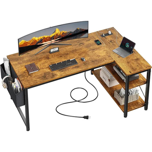 Corner L Shaped Desk With Power Outlets And Reversible Storage