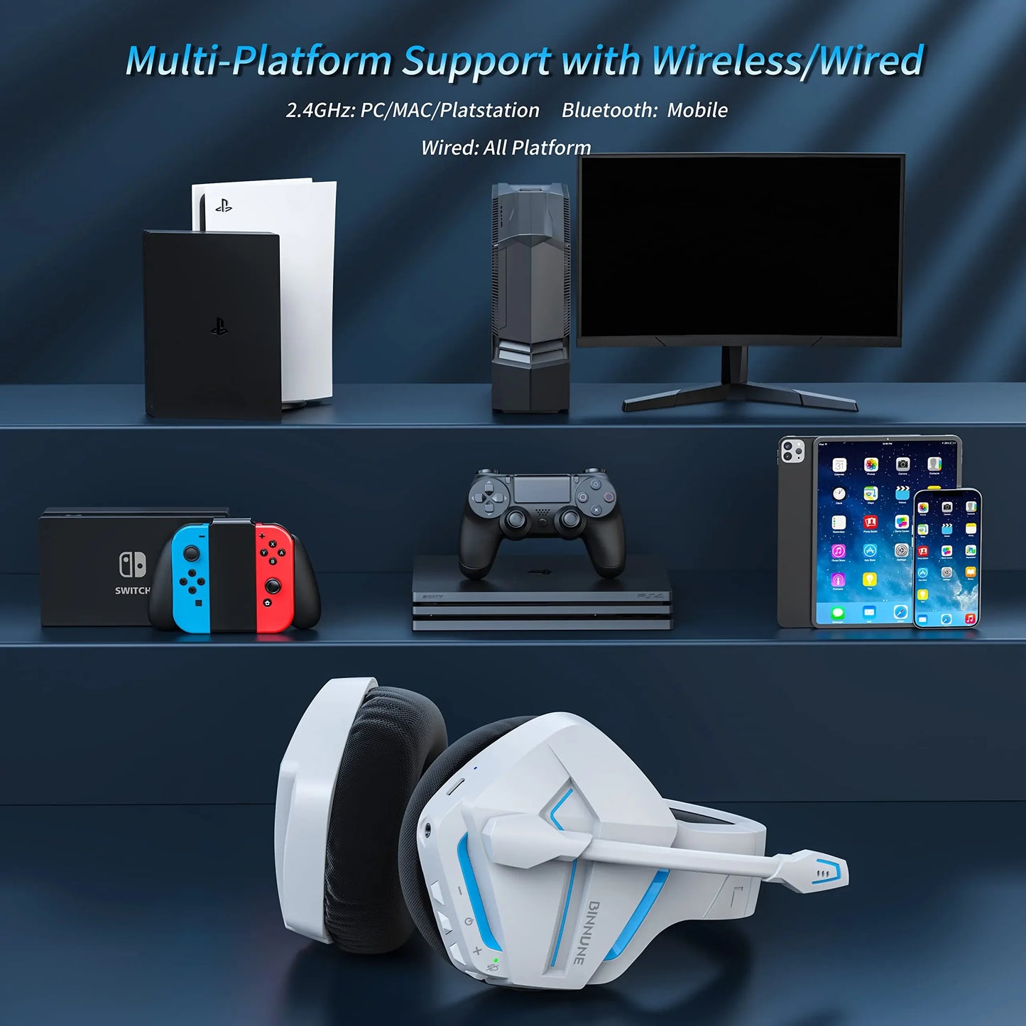 BINNUNE BW01 Wireless Gaming Headset With Mic For PC PS4 PS5
