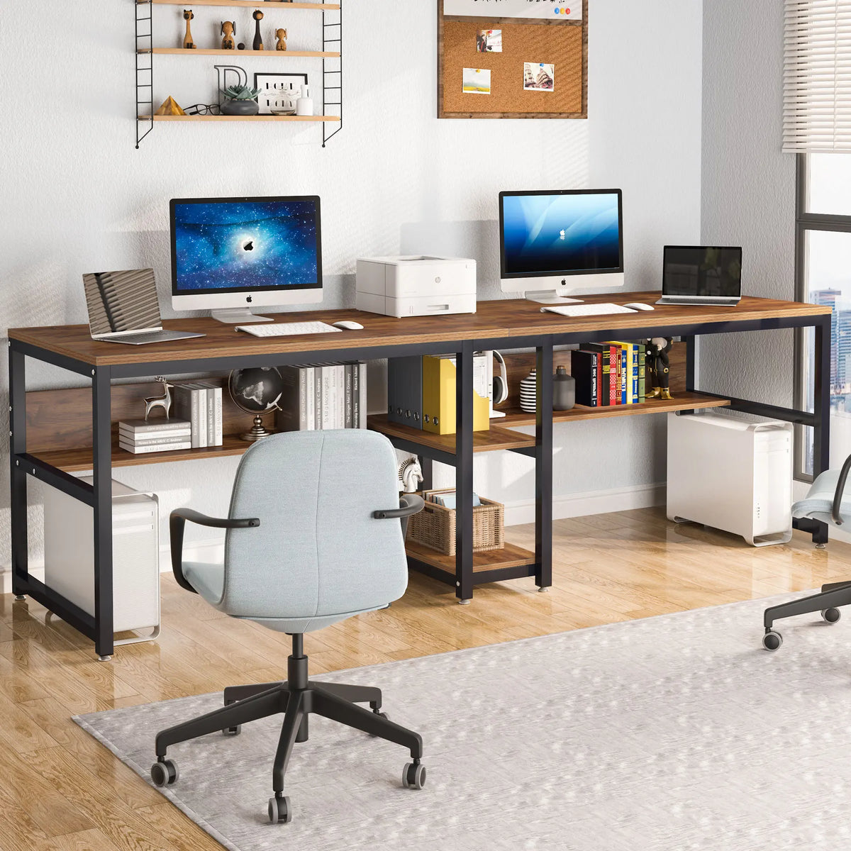 Tribesigns Two Person Desk With Bookshelf Rustic Workstation