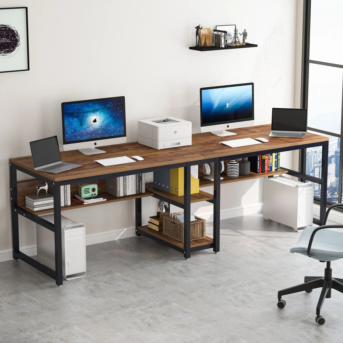 Tribesigns Two Person Desk With Bookshelf Rustic Workstation