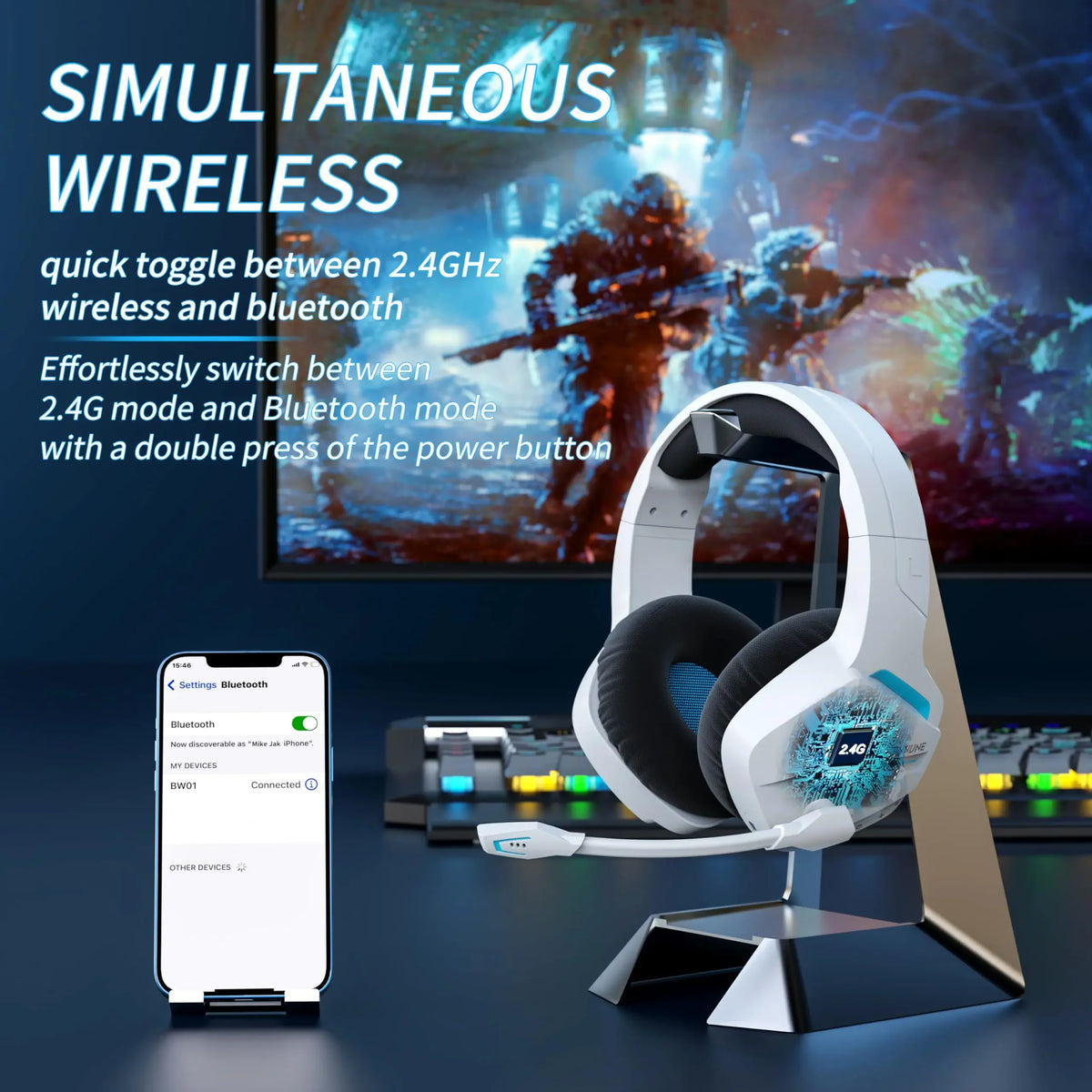 BINNUNE BW01 Wireless Gaming Headset With Mic For PC PS4 PS5