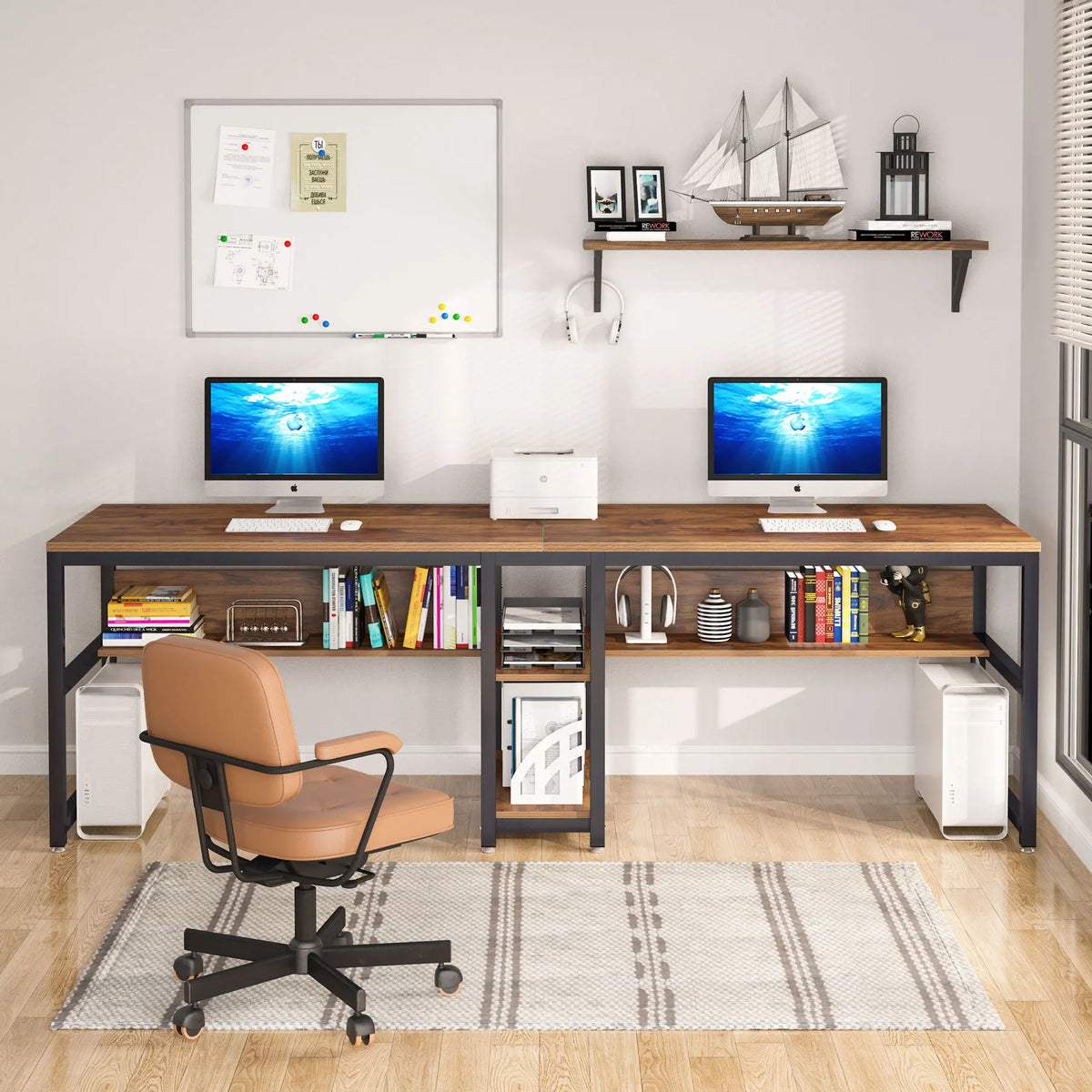 Tribesigns Two Person Desk With Bookshelf Rustic Workstation