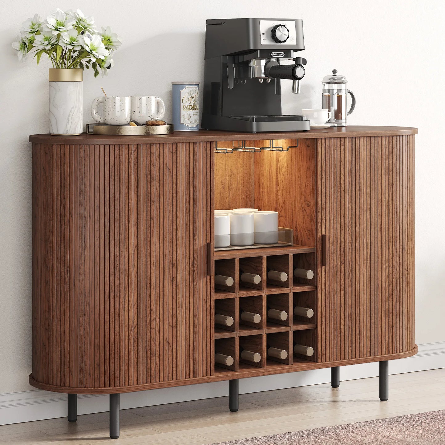 Walnut Wine Bar Cabinet With LED Light And Glass Holder