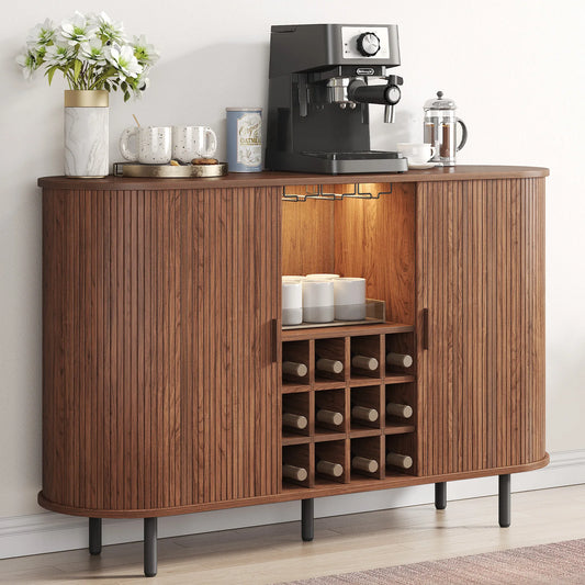 Walnut Wine Bar Cabinet With LED Light And Glass Holder
