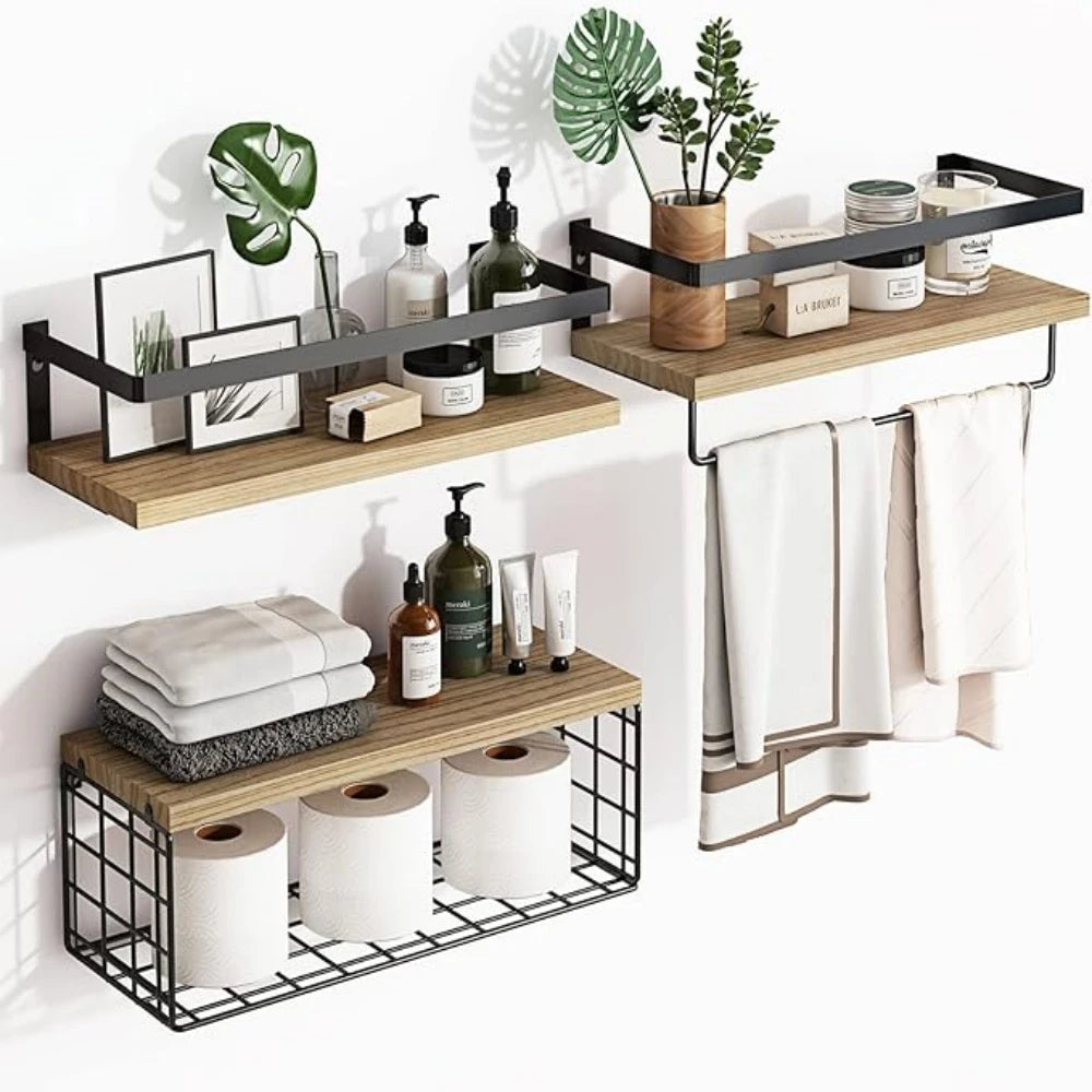 Wall Mounted 4-Tier Floating Shelves Over Toilet With Wire Basket