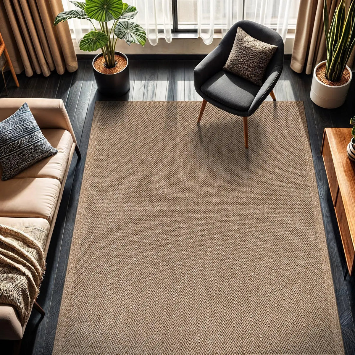 Easy Jute Rug Indoor Outdoor Natural Fiber Herringbone Washable Carpet