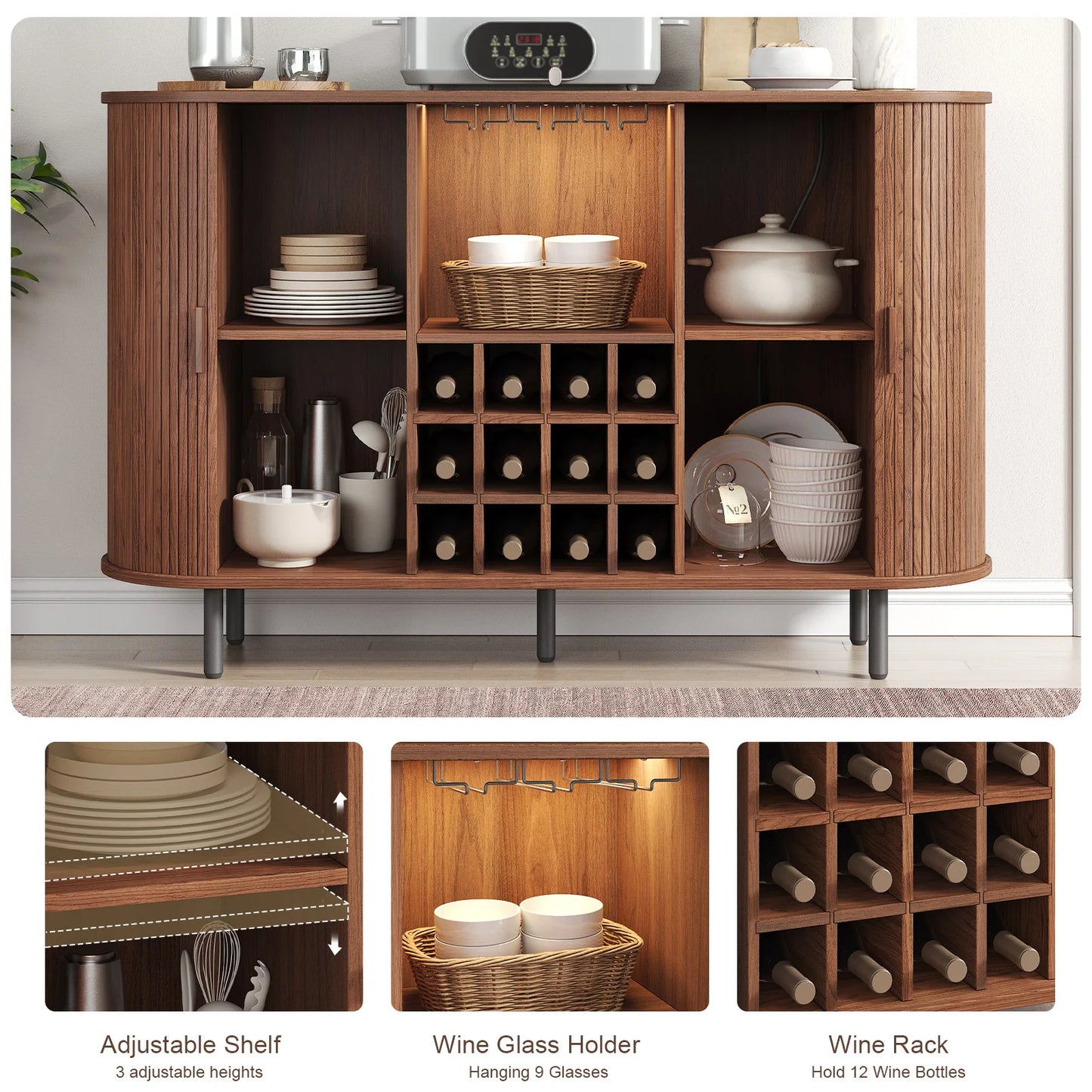 Walnut Wine Bar Cabinet With LED Light And Glass Holder