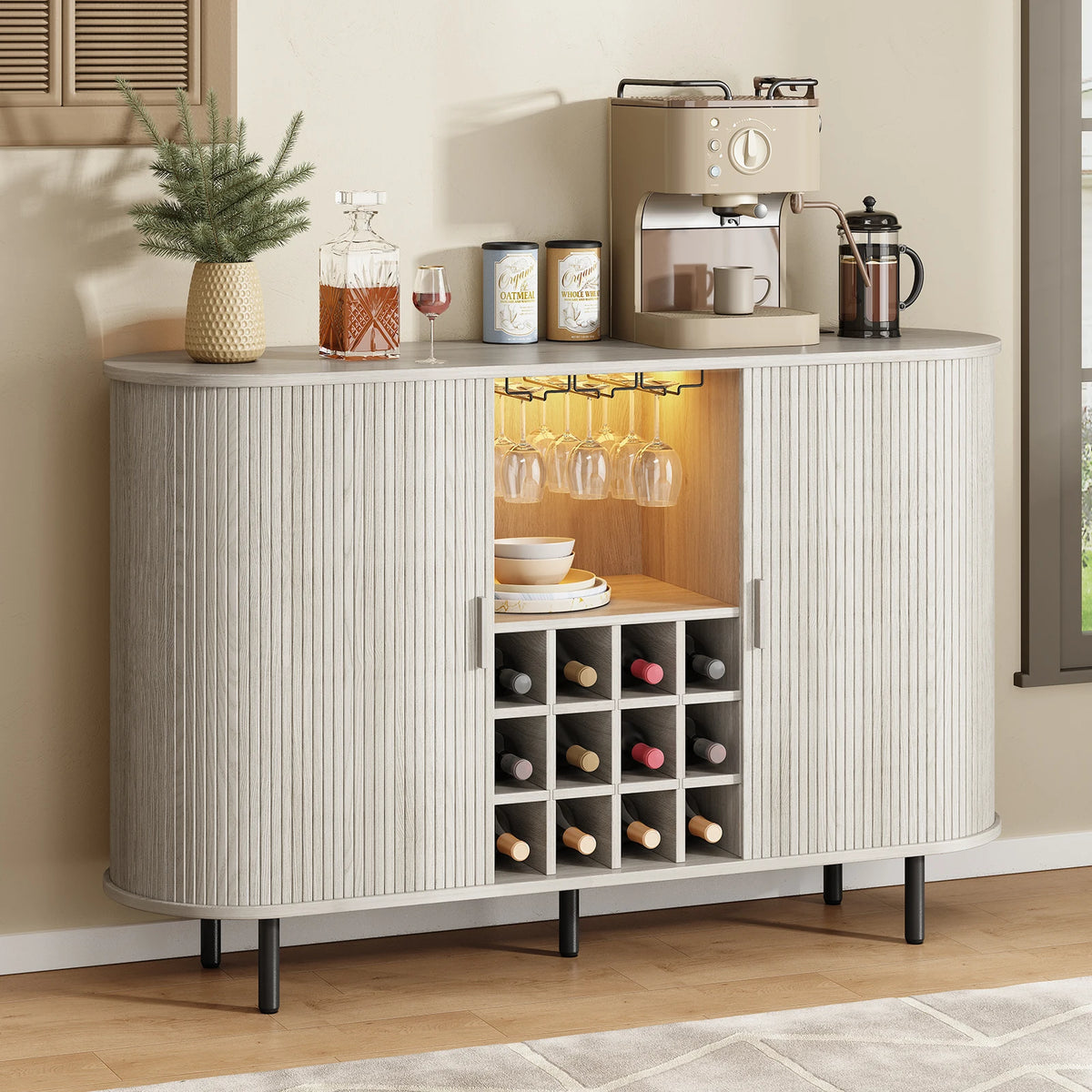 Walnut Wine Bar Cabinet With LED Light And Glass Holder