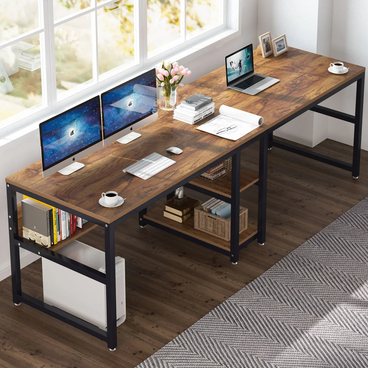 Tribesigns Two Person Desk With Bookshelf Rustic Workstation