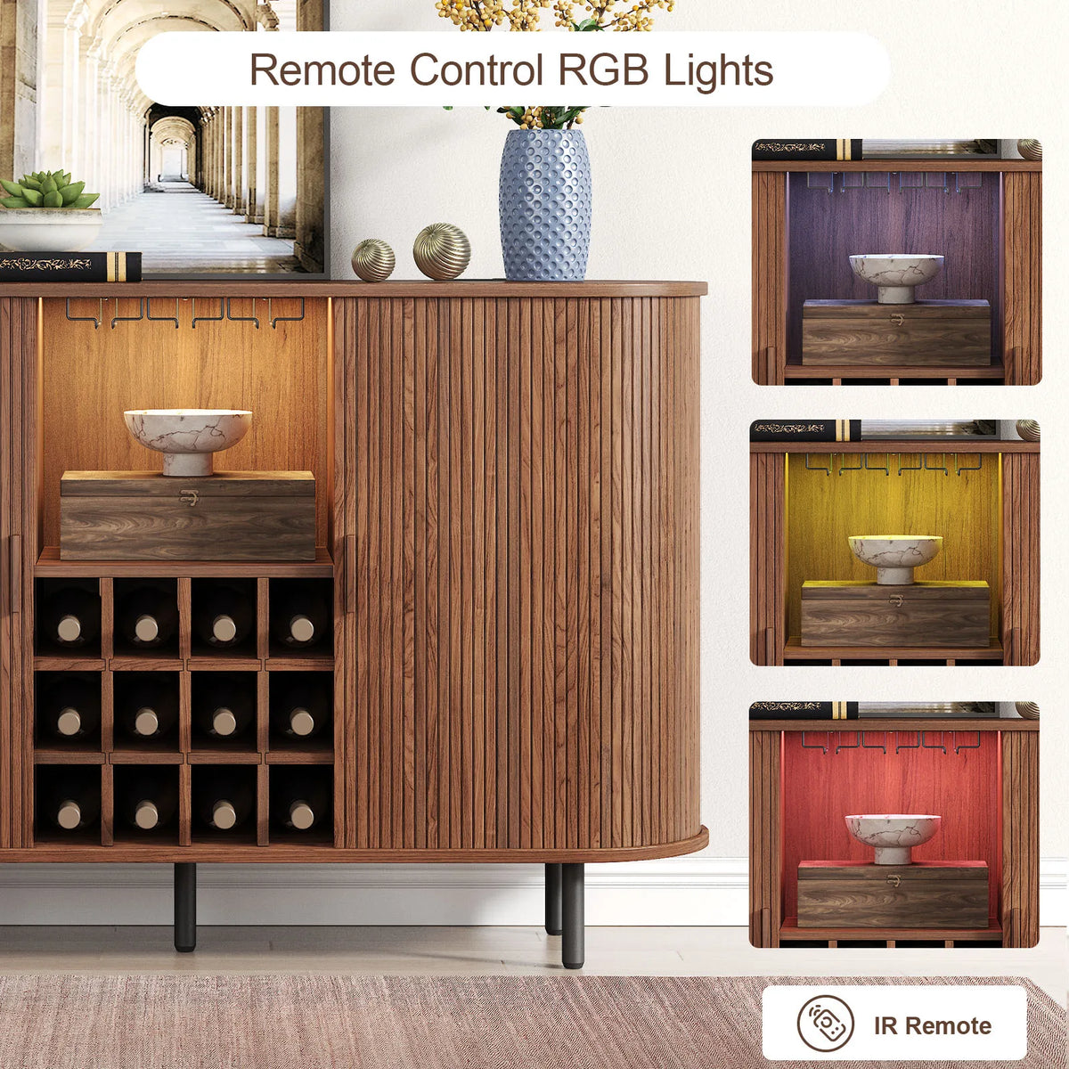 Walnut Wine Bar Cabinet With LED Light And Glass Holder