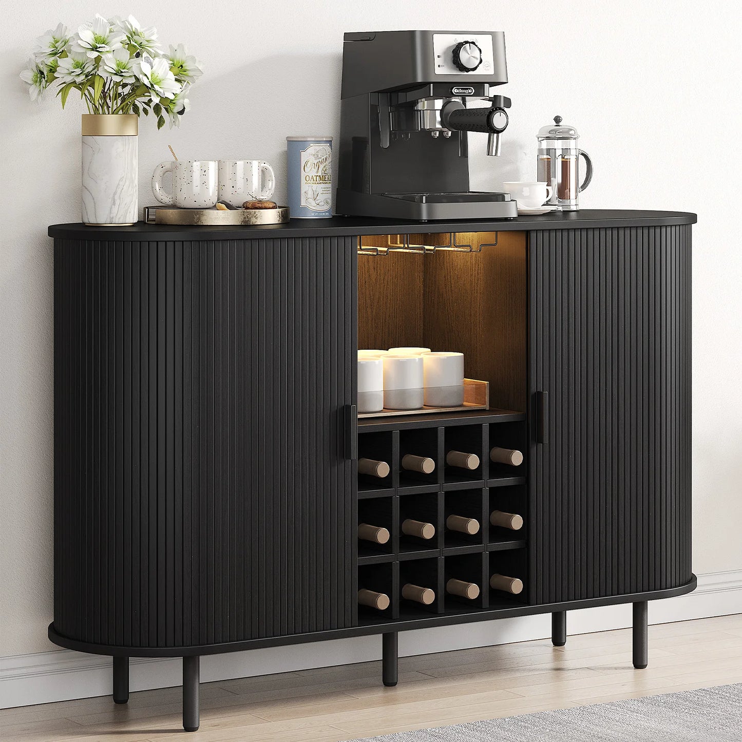 Walnut Wine Bar Cabinet With LED Light And Glass Holder
