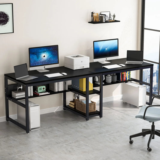 Tribesigns Two Person Desk With Bookshelf Rustic Workstation