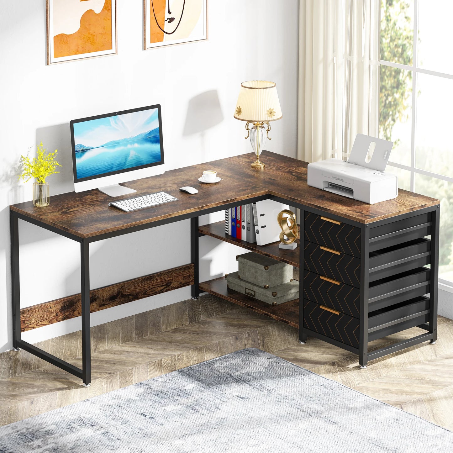 Tribesigns L Shaped Corner Desk With Storage Drawers And Shelves