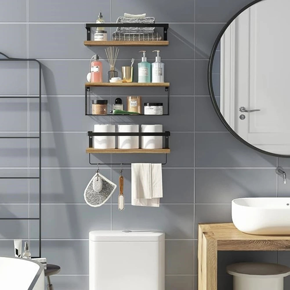 Wall Mounted 4-Tier Floating Shelves Over Toilet With Wire Basket