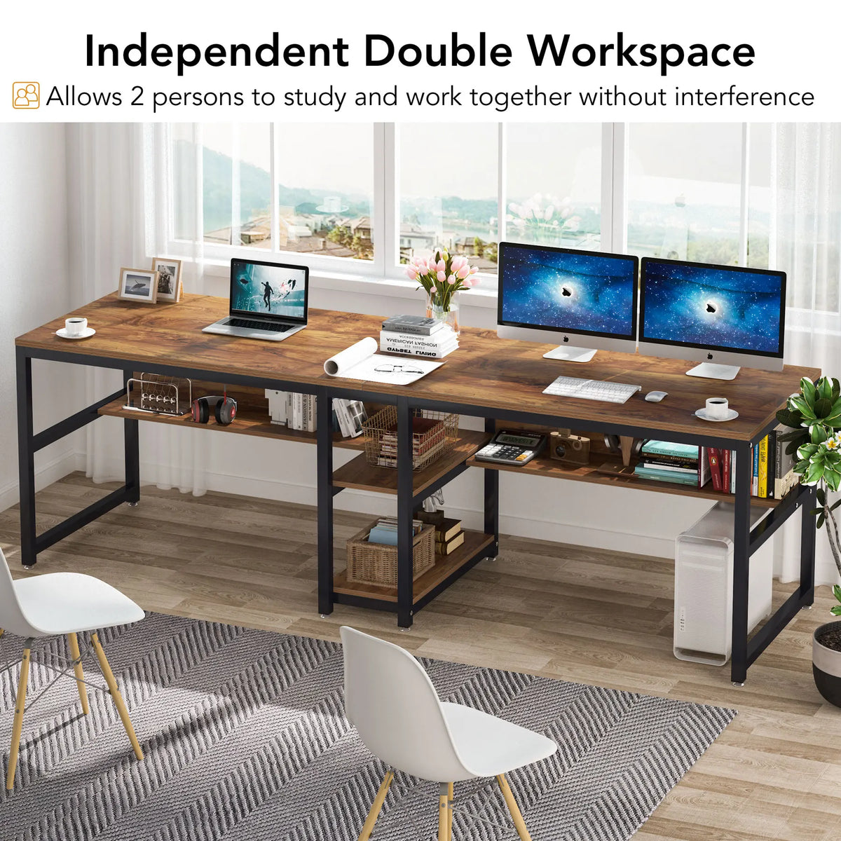 Tribesigns Two Person Desk With Bookshelf Rustic Workstation