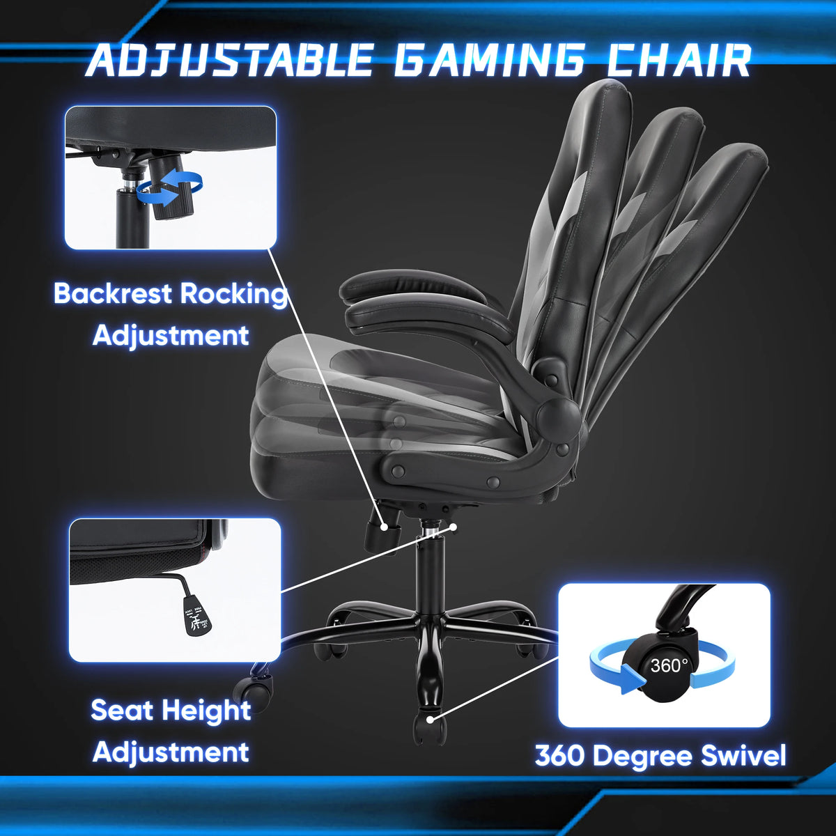 JHK Ergonomic PU Leather Office And Gaming Desk Chair With Flip Up Armrests