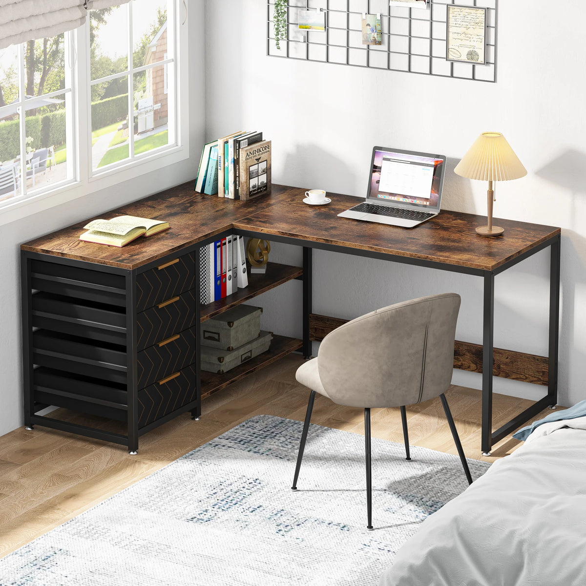 Tribesigns L Shaped Corner Desk With Storage Drawers And Shelves