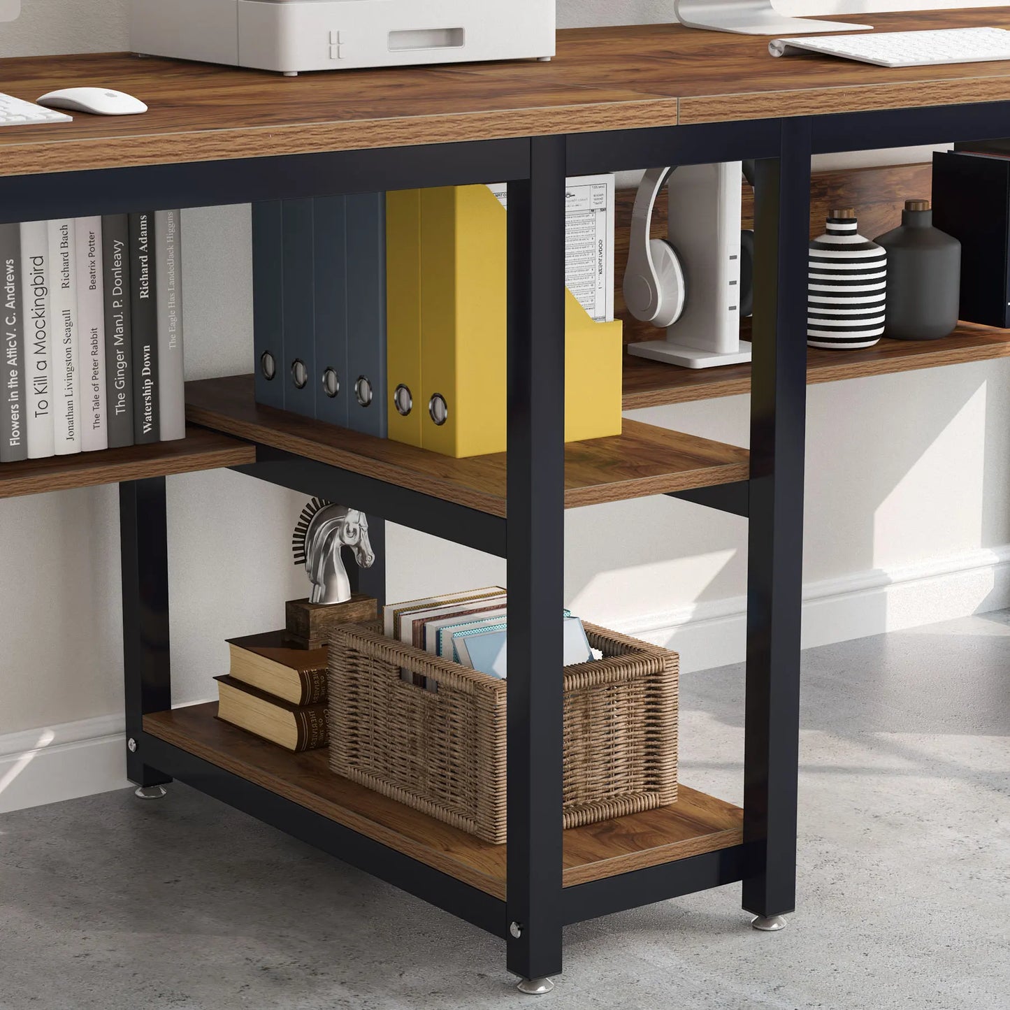 Tribesigns Two Person Desk With Bookshelf Rustic Workstation