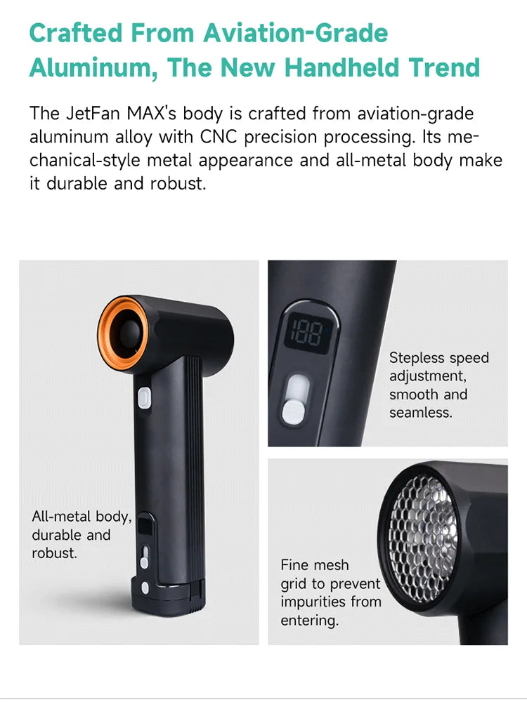 KiCA JetFan Max 785W Handheld Fan Turbo Wind Speed Over 85000RPM&900g, 6x4000mAh Aluminum alloy material Up to 5.5 hours